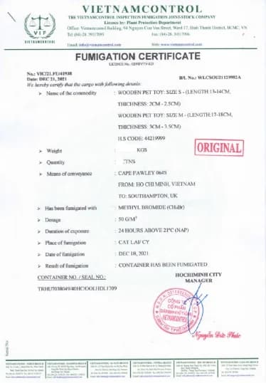 Fumigation certificate
